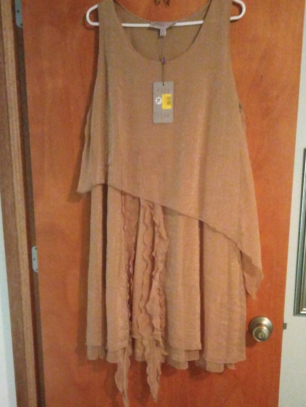 Layered Asymmetric Sleeveless Dress in Shimmering Tan, Light Material.